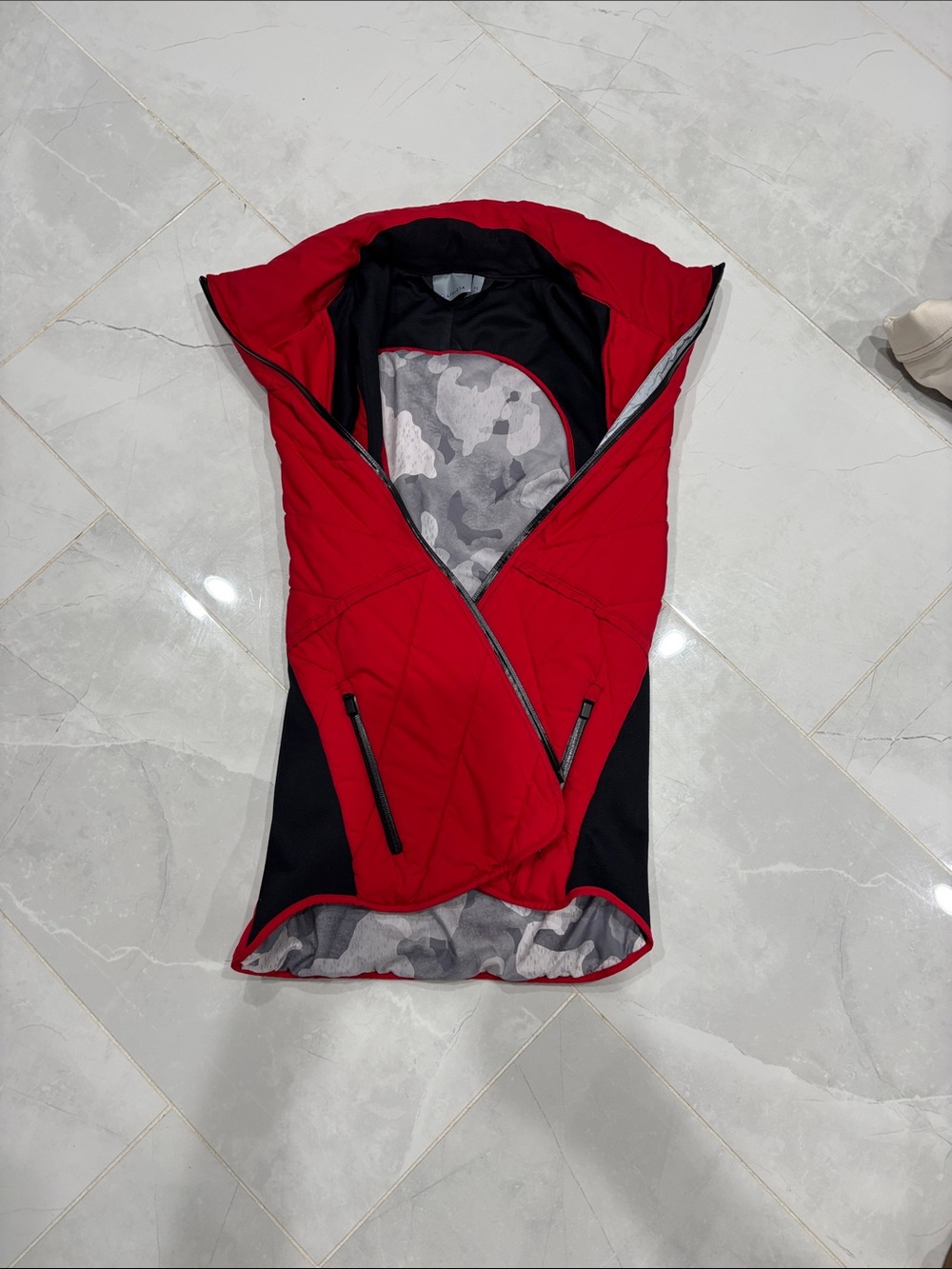 Athleta Red Hooded Vest with Black Panels and Gray Camo Lining